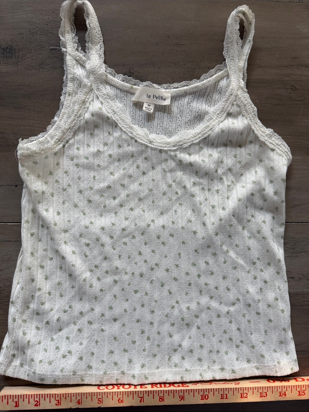 La Peche Medium White Lace-Trim Ribbed Tank Green Floral Leaf Dot Print teen BTS